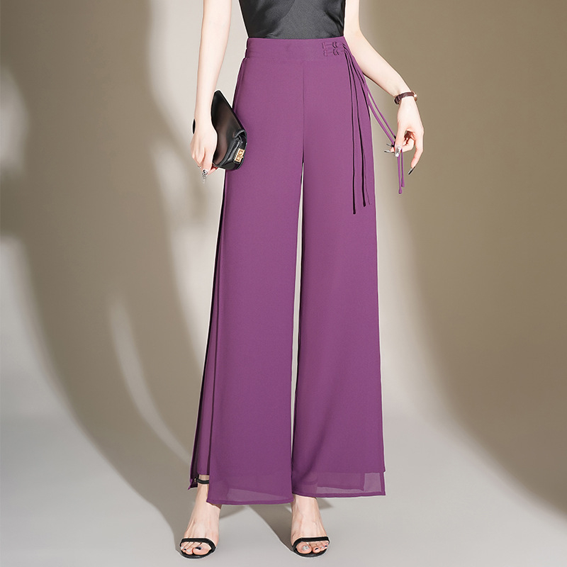 Elegáns, bő szárú sifon nadrág nőknek 2024 Nyári új, bő drapériájú, magas derekú, elegáns, egyenes szabású, hasított nadrág nőknek