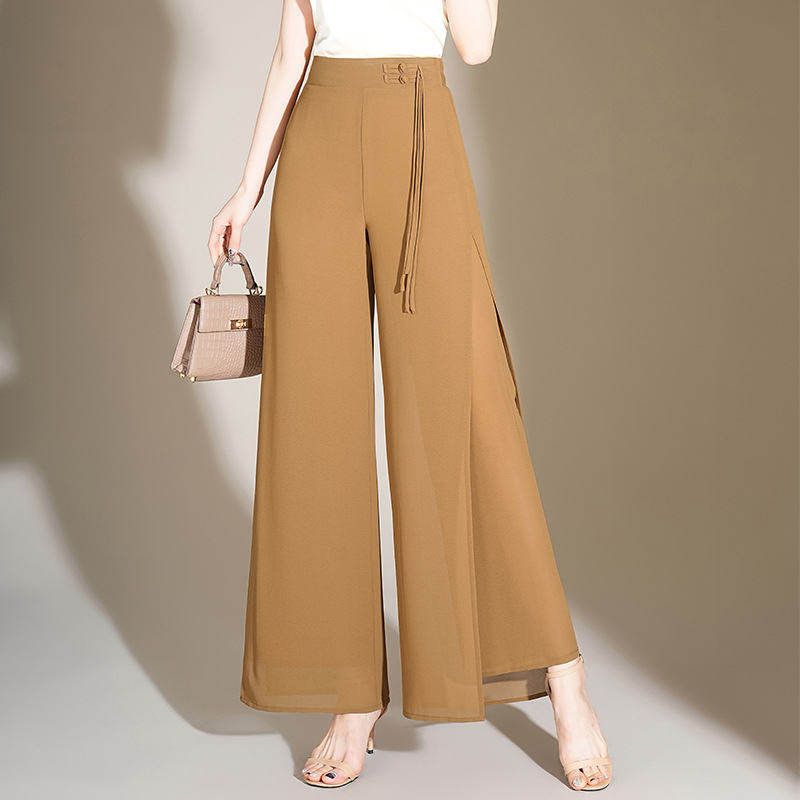 Elegáns, bő szárú sifon nadrág nőknek 2024 Nyári új, bő drapériájú, magas derekú, elegáns, egyenes szabású, hasított nadrág nőknek
