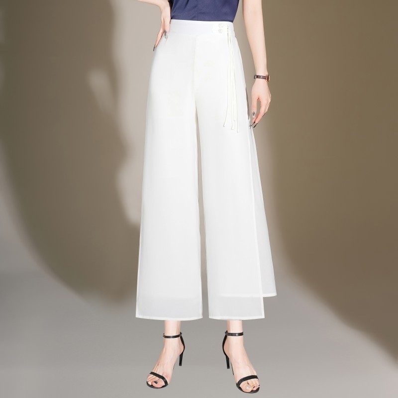 Elegáns, bő szárú sifon nadrág nőknek 2024 Nyári új, bő drapériájú, magas derekú, elegáns, egyenes szabású, hasított nadrág nőknek