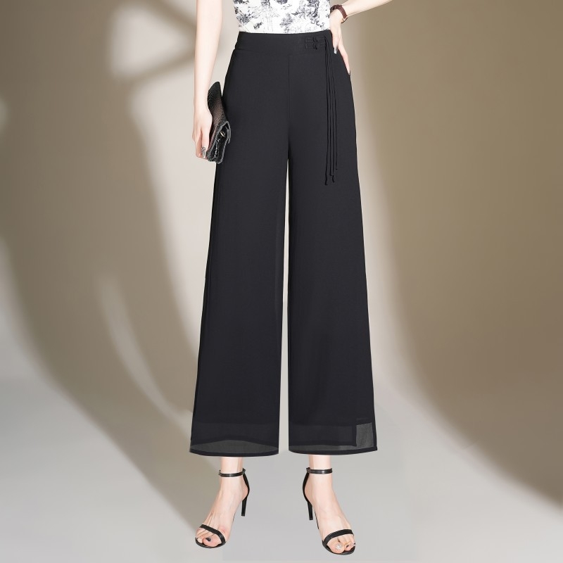 Elegáns, bő szárú sifon nadrág nőknek 2024 Nyári új, bő drapériájú, magas derekú, elegáns, egyenes szabású, hasított nadrág nőknek