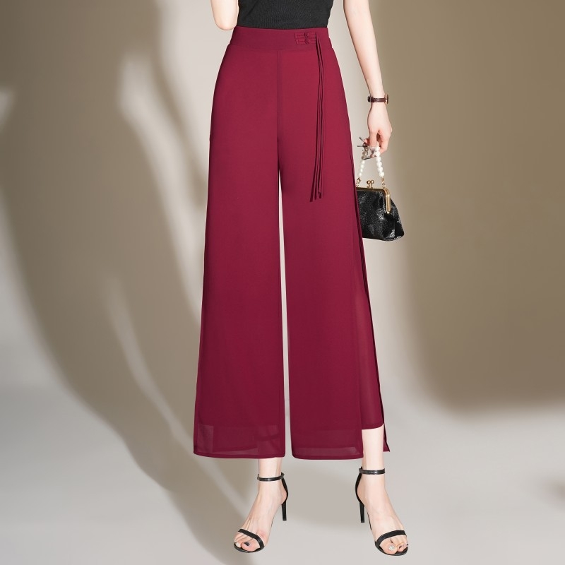 Elegáns, bő szárú sifon nadrág nőknek 2024 Nyári új, bő drapériájú, magas derekú, elegáns, egyenes szabású, hasított nadrág nőknek