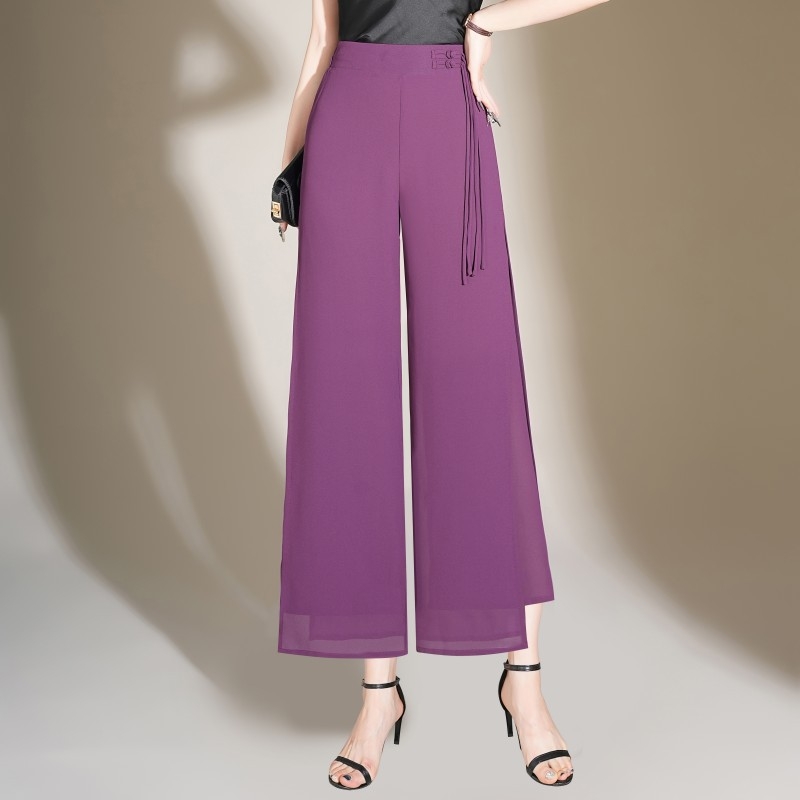 Elegáns, bő szárú sifon nadrág nőknek 2024 Nyári új, bő drapériájú, magas derekú, elegáns, egyenes szabású, hasított nadrág nőknek