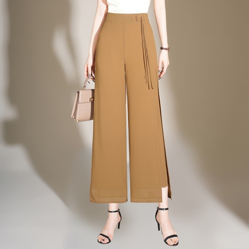 Elegáns, bő szárú sifon nadrág nőknek 2024 Nyári új, bő drapériájú, magas derekú, elegáns, egyenes szabású, hasított nadrág nőknek