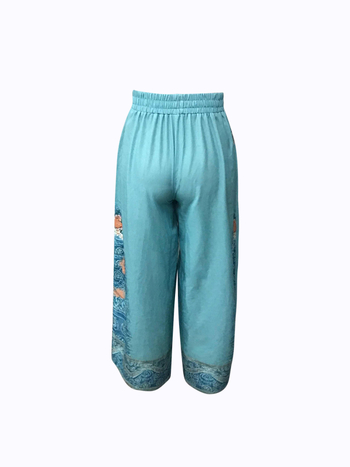 Európai és amerikai női exportált alkalmi rugalmas derékú, virágmintás, széles szárú nadrág