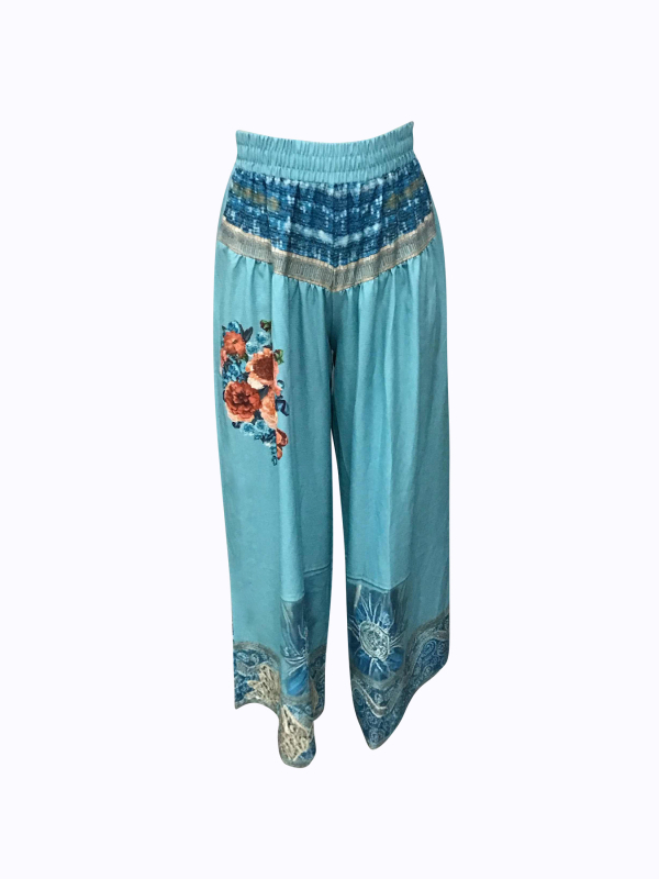 Európai és amerikai női exportált alkalmi rugalmas derékú, virágmintás, széles szárú nadrág