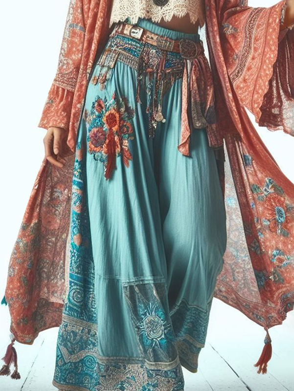 Európai és amerikai női exportált alkalmi rugalmas derékú, virágmintás, széles szárú nadrág