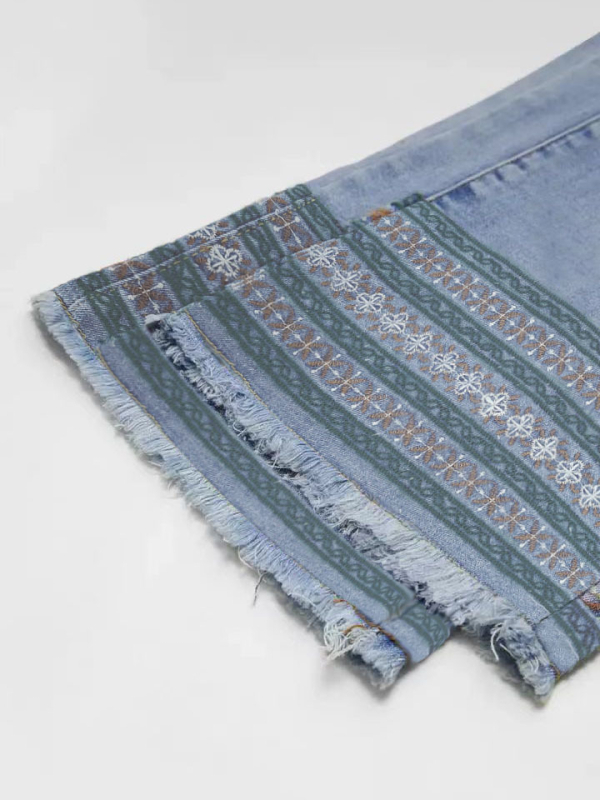 Új tanga farmernadrág, új modell, határokon átnyúló külkereskedelmi női, magas derekú, egyenes szabású, etnikai stílusú, hímzett, rojtos, rövidített farmernadrág