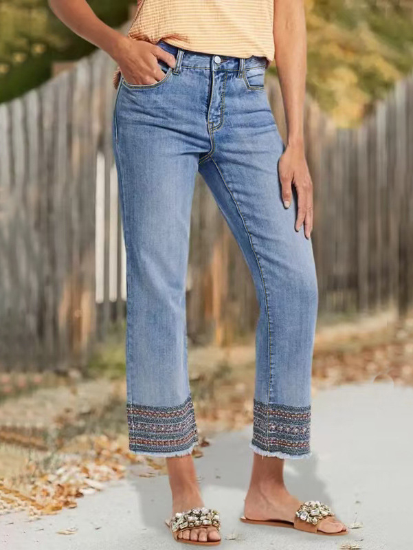 Új tanga farmernadrág, új modell, határokon átnyúló külkereskedelmi női, magas derekú, egyenes szabású, etnikai stílusú, hímzett, rojtos, rövidített farmernadrág