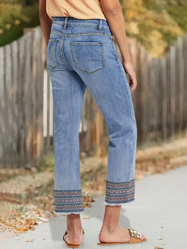 Új tanga farmernadrág, új modell, határokon átnyúló külkereskedelmi női, magas derekú, egyenes szabású, etnikai stílusú, hímzett, rojtos, rövidített farmernadrág