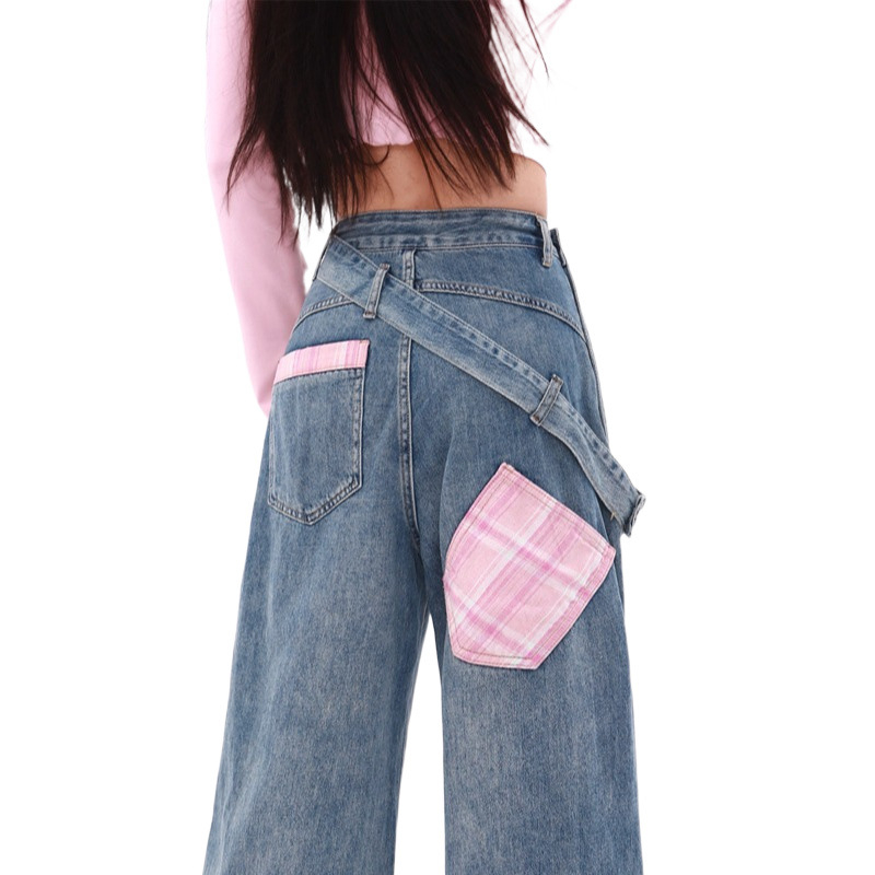 Amerikai retro oldalcipzáras farmer őszi-téli dizájnú, kockás varrású, széles szárú nadrág