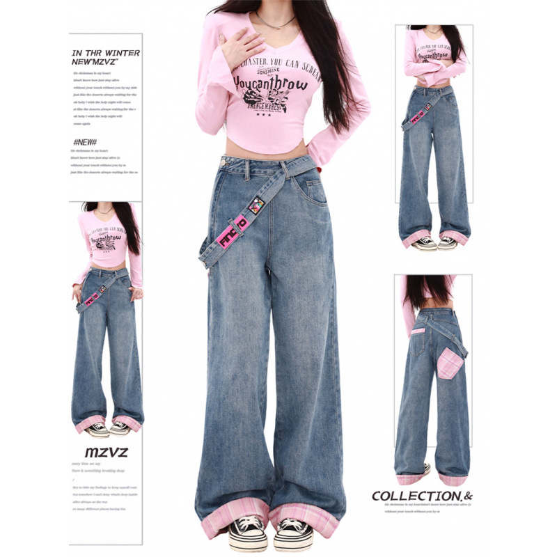 Amerikai retro oldalcipzáras farmer őszi-téli dizájnú, kockás varrású, széles szárú nadrág