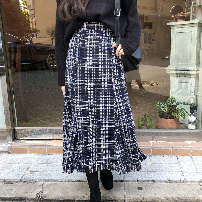 200 Jin női szoknya őszi-téli új bojtos egylépcsős szoknya koreai magas derekú karcsúsító középhosszú esernyőszoknya rakott szoknya