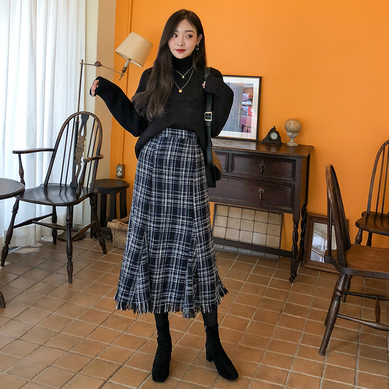 200 Jin női szoknya őszi-téli új bojtos egylépcsős szoknya koreai magas derekú karcsúsító középhosszú esernyőszoknya rakott szoknya