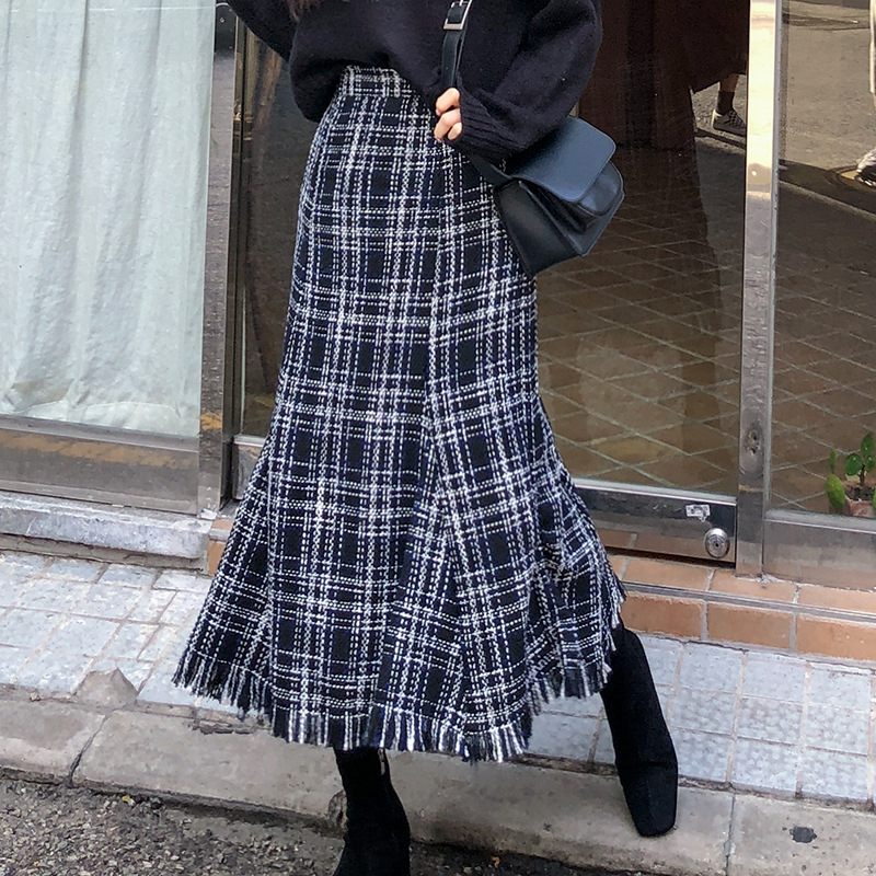200 Jin női szoknya őszi-téli új bojtos egylépcsős szoknya koreai magas derekú karcsúsító középhosszú esernyőszoknya rakott szoknya