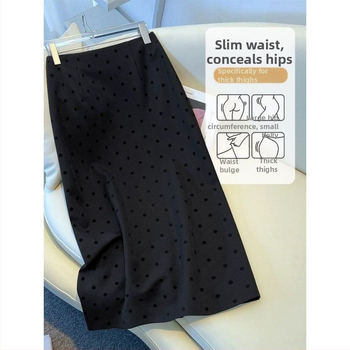 Γκρι φούστα μεσαίου μήκους με πουά, άνοιξη και φθινόπωρο 2025, νέα ψηλόμεση, λεπτή και όμορφη φούστα