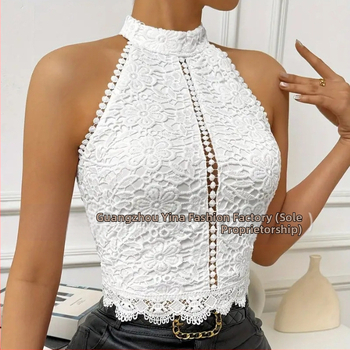 2025-ös európai és amerikai határokon átnyúló Amazon-os, szexi csipkés, üreges nyakú, ujjatlan, csipkés felső.