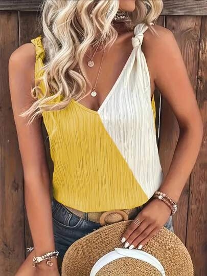 2025-ös nyári Amazon európai és amerikai népszerű új kontrasztos színű illesztéses overál fűzős, harisnyatartós, ujjatlan, V-nyakú felső