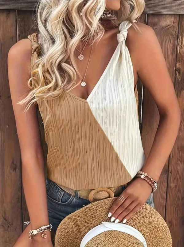 2025-ös nyári Amazon európai és amerikai népszerű új kontrasztos színű illesztéses overál fűzős, harisnyatartós, ujjatlan, V-nyakú felső