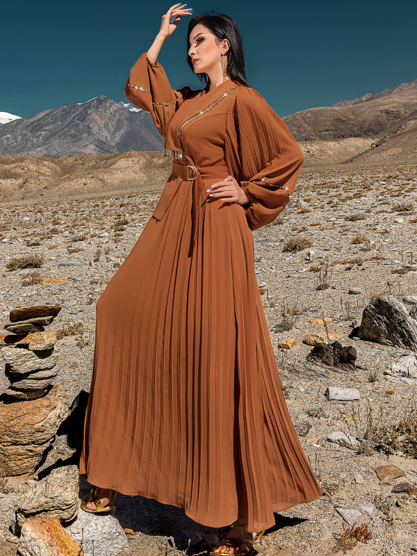 BA5215 Új V-nyakú, hosszú ujjú, rakott szoknya, nehézipari, kézzel készített, gyöngyös, elegáns hosszú ruha, női ruha