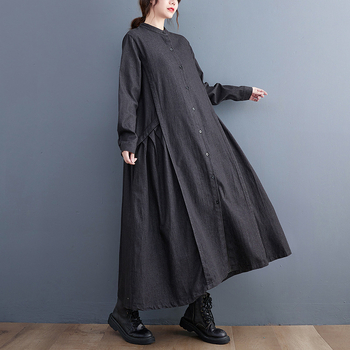 Φόρεμα πουκάμισο μεσαίου μήκους, απλό γιακά με στάμπα και ραφή, χαλαρό και αδυνατιστικό, 2024