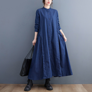 Φόρεμα πουκάμισο μεσαίου μήκους, απλό γιακά με στάμπα και ραφή, χαλαρό και αδυνατιστικό, 2024