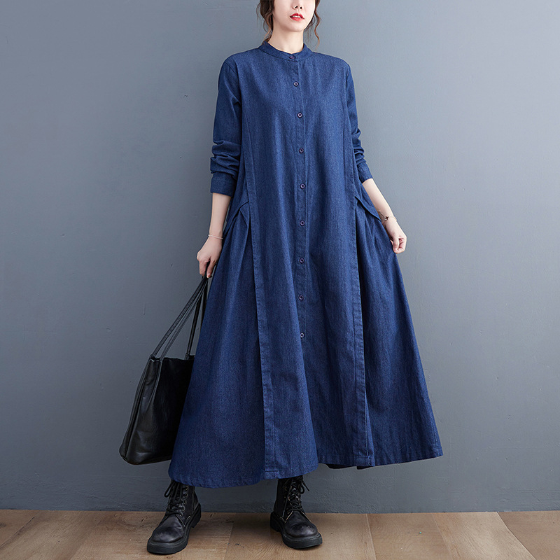 2024-es bő, karcsúsító, egyszerű állgallérral, farmervarrásos, rakott, középhosszú, elegáns ingruha