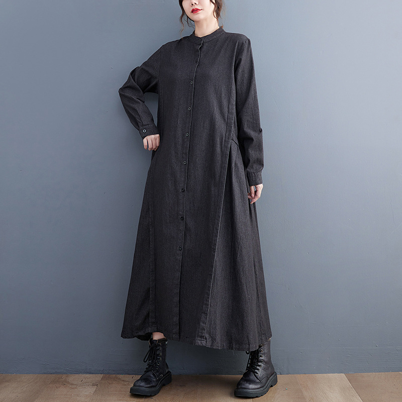 2024-es bő, karcsúsító, egyszerű állgallérral, farmervarrásos, rakott, középhosszú, elegáns ingruha