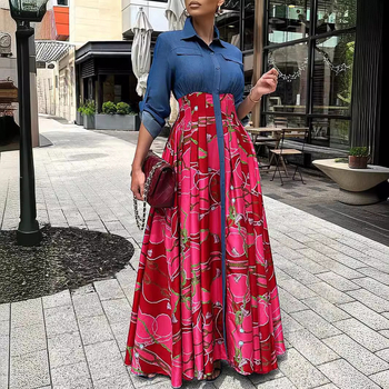 Europska ženska odjeća za proljeće i jesen Traper suknja s printom, nova plus size europska i američka afrička ležerna košulja dugih rukava