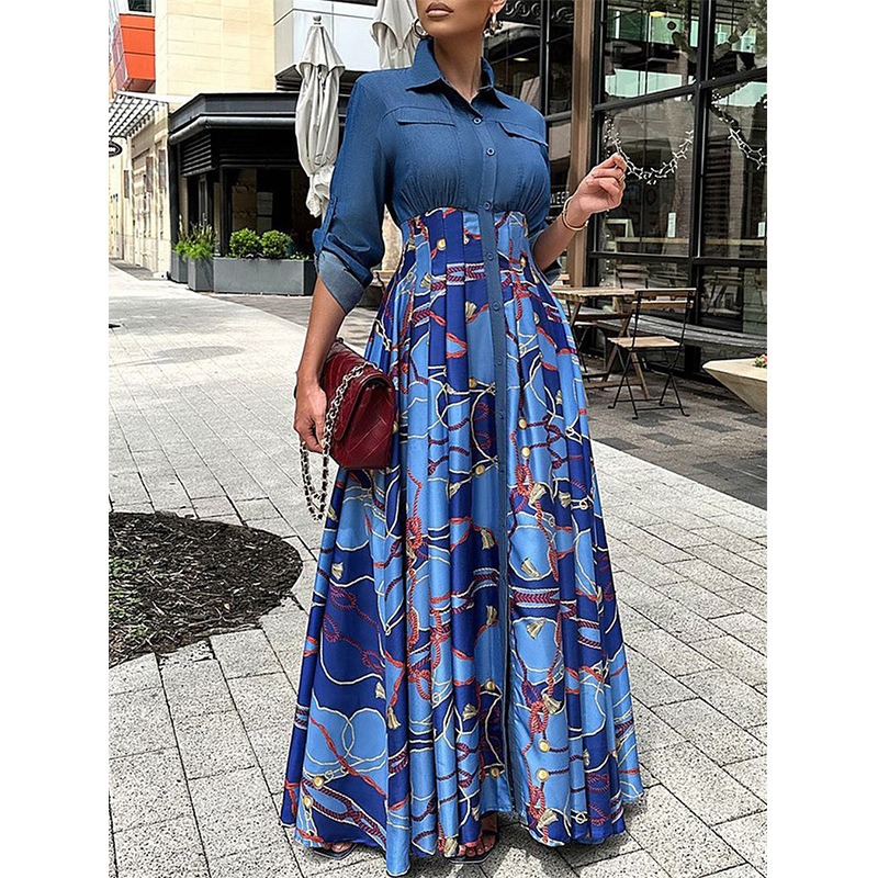 Europska ženska odjeća za proljeće i jesen Traper suknja s printom, nova plus size europska i američka afrička ležerna košulja dugih rukava