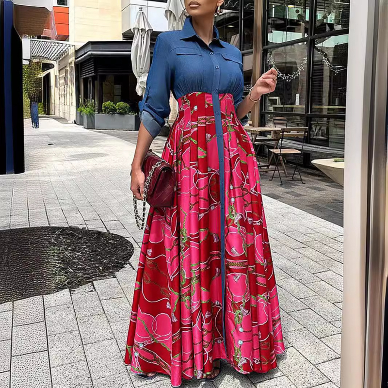 Europska ženska odjeća za proljeće i jesen Traper suknja s printom, nova plus size europska i američka afrička ležerna košulja dugih rukava