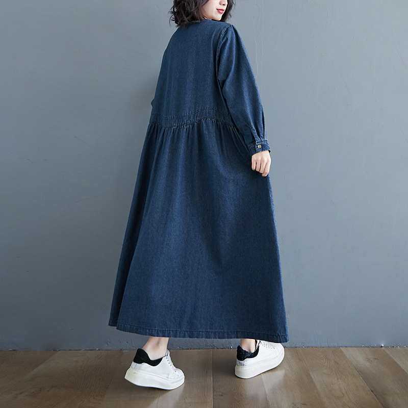 „Real Shot Spot“ europietiška ilgarankovių didelių dydžių retro džinsinė suknelė su vidutinio ilgio sijonu