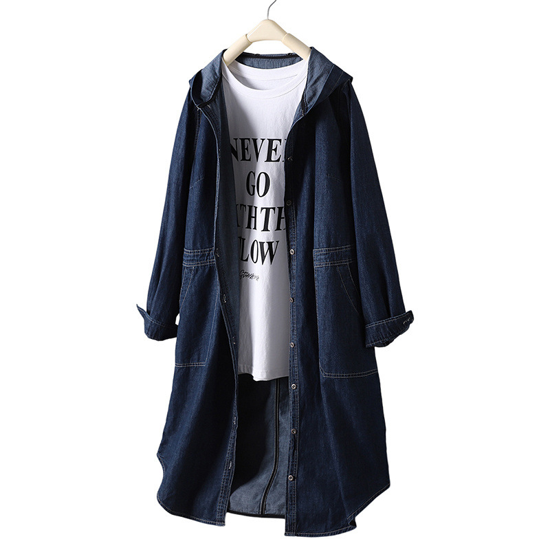 Őszi új, középhosszú, farmer kardigán, női, hosszú ujjú, egyszínű, kapucnis, nagy zsebes lezser felső