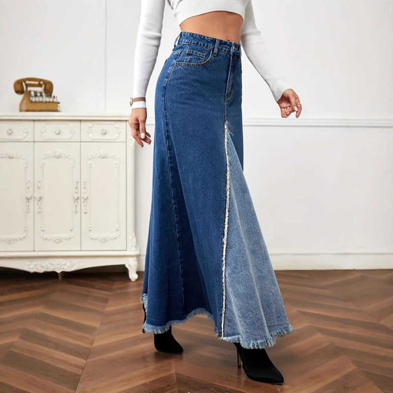 Európai és amerikai összeillesztett félhosszú szoknya 2025 Új export, népszerű, nyers szélű farmerszoknya, mosott, hasított farmerszoknya