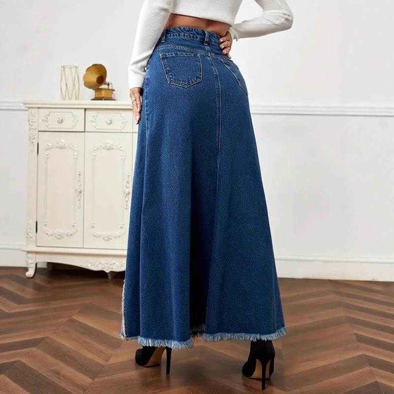 Európai és amerikai összeillesztett félhosszú szoknya 2025 Új export, népszerű, nyers szélű farmerszoknya, mosott, hasított farmerszoknya