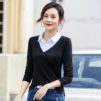 Γυναικεία Μπλούζα 2025 Νέα Φθινοπωρινά Γυναικεία Μπλούζα Δύο Τεμαχίων με Μακρυμάνικα T-Shirts για Γυναικεία Ευέλικτα Πόλο Μπλούζες με Πέτο Κορεάτικου Στυλ 6712-1