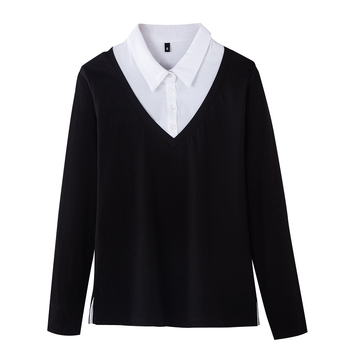 Γυναικεία Μπλούζα 2025 Νέα Φθινοπωρινά Γυναικεία Μπλούζα Δύο Τεμαχίων με Μακρυμάνικα T-Shirts για Γυναικεία Ευέλικτα Πόλο Μπλούζες με Πέτο Κορεάτικου Στυλ 6712-1