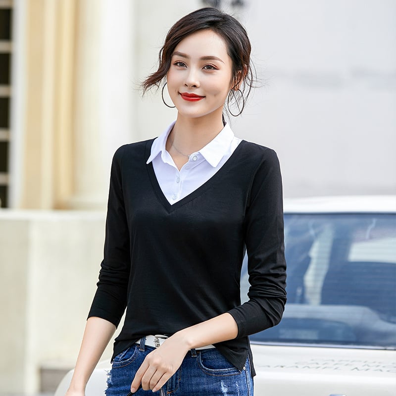 Γυναικεία Μπλούζα 2025 Νέα Φθινοπωρινά Γυναικεία Μπλούζα Δύο Τεμαχίων με Μακρυμάνικα T-Shirts για Γυναικεία Ευέλικτα Πόλο Μπλούζες με Πέτο Κορεάτικου Στυλ 6712-1