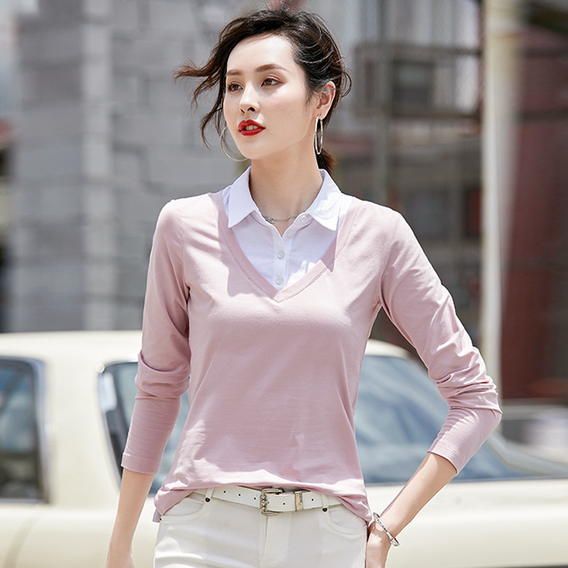 Γυναικεία Μπλούζα 2025 Νέα Φθινοπωρινά Γυναικεία Μπλούζα Δύο Τεμαχίων με Μακρυμάνικα T-Shirts για Γυναικεία Ευέλικτα Πόλο Μπλούζες με Πέτο Κορεάτικου Στυλ 6712-1