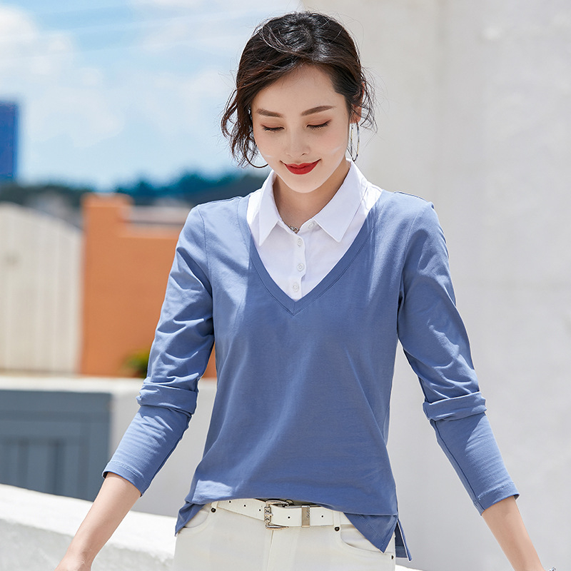 Γυναικεία Μπλούζα 2025 Νέα Φθινοπωρινά Γυναικεία Μπλούζα Δύο Τεμαχίων με Μακρυμάνικα T-Shirts για Γυναικεία Ευέλικτα Πόλο Μπλούζες με Πέτο Κορεάτικου Στυλ 6712-1