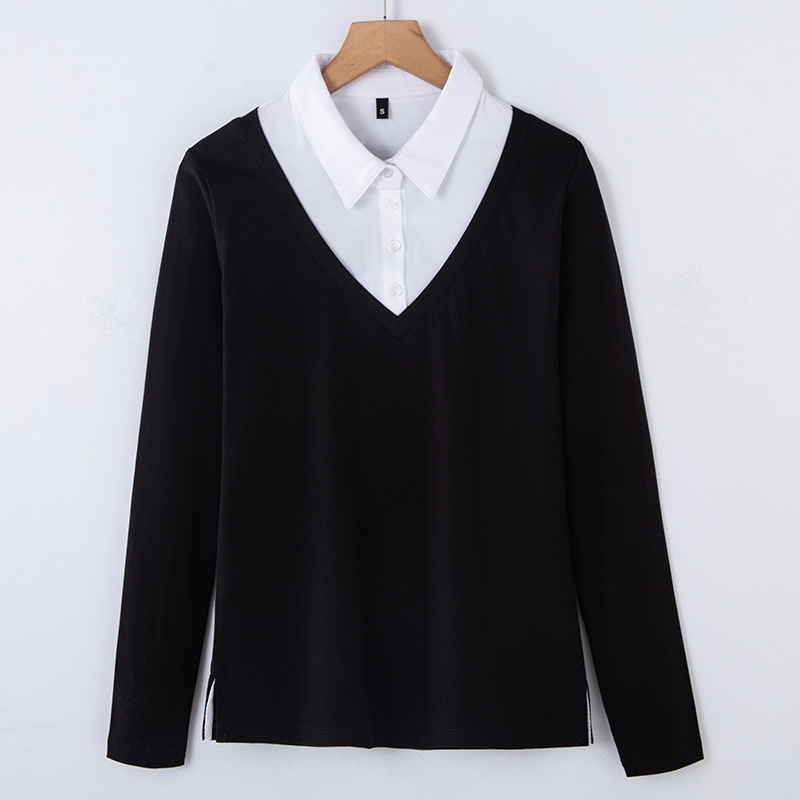 Γυναικεία Μπλούζα 2025 Νέα Φθινοπωρινά Γυναικεία Μπλούζα Δύο Τεμαχίων με Μακρυμάνικα T-Shirts για Γυναικεία Ευέλικτα Πόλο Μπλούζες με Πέτο Κορεάτικου Στυλ 6712-1