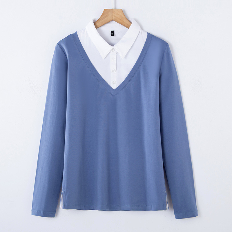 Γυναικεία Μπλούζα 2025 Νέα Φθινοπωρινά Γυναικεία Μπλούζα Δύο Τεμαχίων με Μακρυμάνικα T-Shirts για Γυναικεία Ευέλικτα Πόλο Μπλούζες με Πέτο Κορεάτικου Στυλ 6712-1