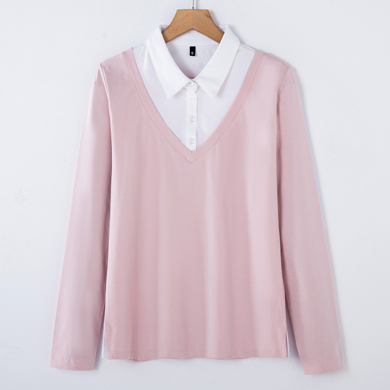 Γυναικεία Μπλούζα 2025 Νέα Φθινοπωρινά Γυναικεία Μπλούζα Δύο Τεμαχίων με Μακρυμάνικα T-Shirts για Γυναικεία Ευέλικτα Πόλο Μπλούζες με Πέτο Κορεάτικου Στυλ 6712-1