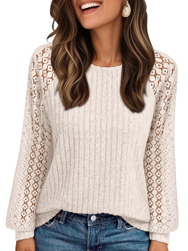 2025-ös európai és amerikai határokon átnyúló Amazon női kerek nyakú, csíkos, kefélt, laza, sokoldalú kötött felsők varrott, üreges ujjakkal