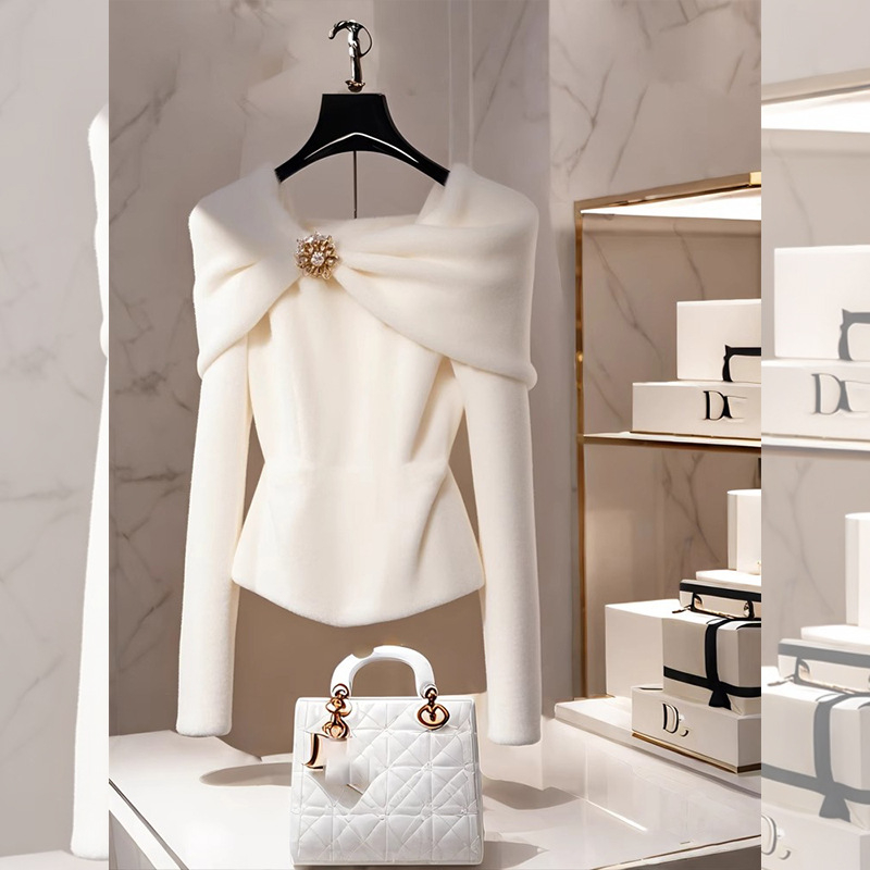 Őszi és téli elegáns külföldi stílusú egyedi dizájn Sense Niche Chanel fehér plüss vastagított rövid felső nőknek