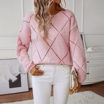 Határokon átnyúló európai és amerikai stílusú kötött pulóver dizájn flitteres üreges laza pulóver rombusz szexi kötött pulóver nőknek