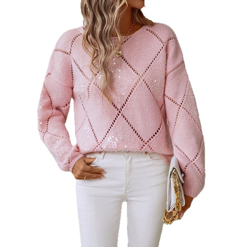 Határokon átnyúló európai és amerikai stílusú kötött pulóver dizájn flitteres üreges laza pulóver rombusz szexi kötött pulóver nőknek