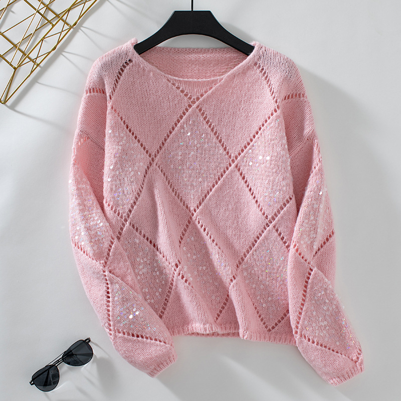 Határokon átnyúló európai és amerikai stílusú kötött pulóver dizájn flitteres üreges laza pulóver rombusz szexi kötött pulóver nőknek