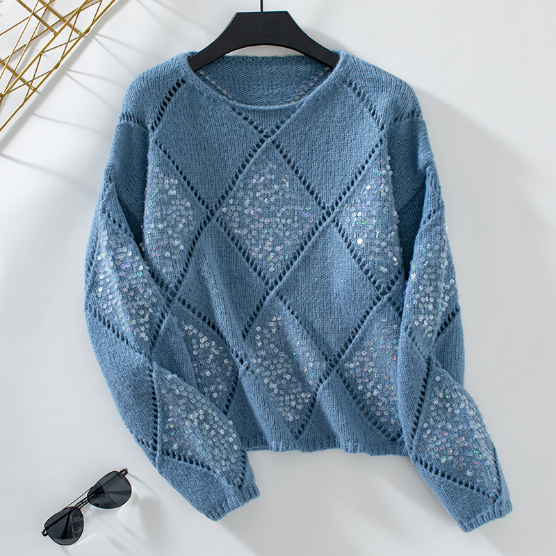 Határokon átnyúló európai és amerikai stílusú kötött pulóver dizájn flitteres üreges laza pulóver rombusz szexi kötött pulóver nőknek