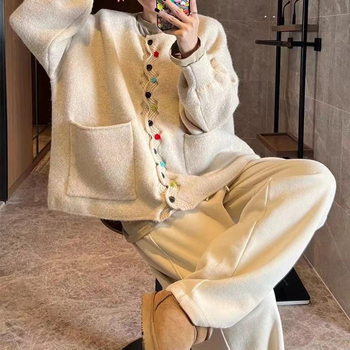 Cardigan nou cu guler rotund, retro, cu margini ondulate, culoare artistică Mori, cu nasturi, lejer, mărime plus, casual, toamnă și iarnă, pentru femei