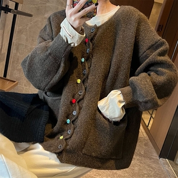 Cardigan nou cu guler rotund, retro, cu margini ondulate, culoare artistică Mori, cu nasturi, lejer, mărime plus, casual, toamnă și iarnă, pentru femei